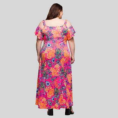 Plus Size 24Seven Comfort Apparel Cold Shoulder Ruffle Sleeve Maxi Dress