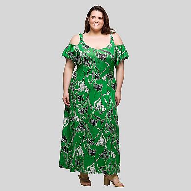 Plus Size 24Seven Comfort Apparel Cold Shoulder Ruffle Sleeve A-Line Maxi Dress