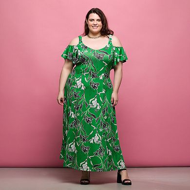 Plus Size 24Seven Comfort Apparel Cold Shoulder Ruffle Sleeve A-Line Maxi Dress
