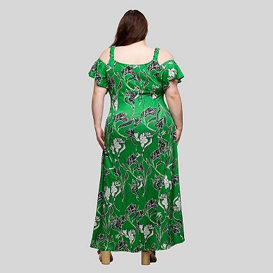 Plus Size 24Seven Comfort Apparel Cold Shoulder Ruffle Sleeve A-Line Maxi Dress