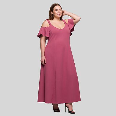 Plus Size 24Seven Comfort Apparel Cold Shoulder Ruffle Sleeve A-Line Maxi Dress