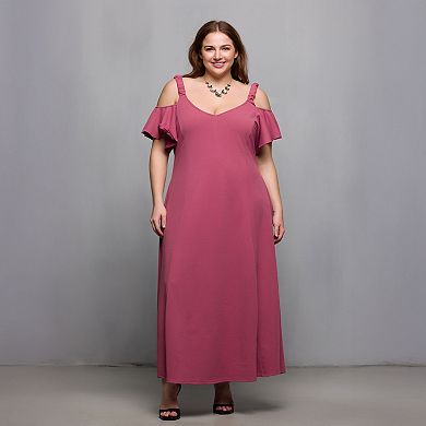 Plus Size 24Seven Comfort Apparel Cold Shoulder Ruffle Sleeve A-Line Maxi Dress