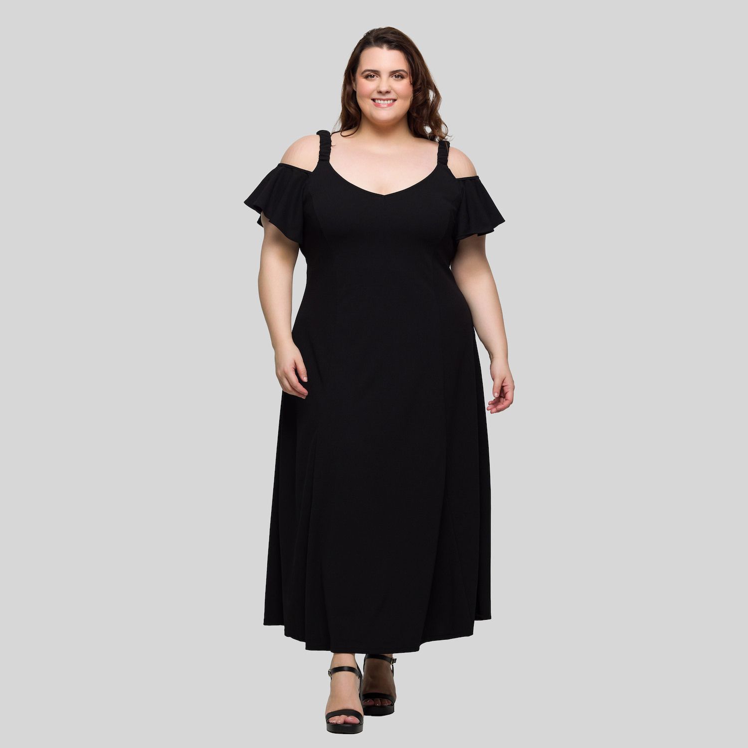 Женские платья 24Seven Comfort Apparel Plus Size 24Seven Comfort Apparel Cold Shoulder Ruffle Sleeve A-Line Maxi Dress