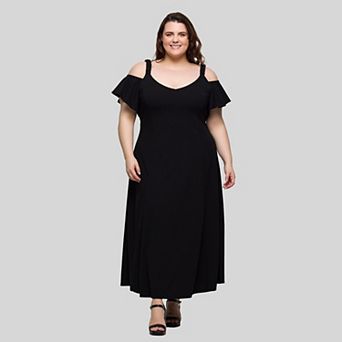 Plus Size 24Seven Comfort Apparel Cold Shoulder Ruffle Sleeve A-Line Maxi Dress
