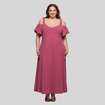 Plus Size 24Seven Comfort Apparel Cold Shoulder Ruffle Sleeve A-Line Maxi Dress
