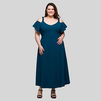 Plus Size 24Seven Comfort Apparel Cold Shoulder Ruffle Sleeve A-Line Maxi Dress