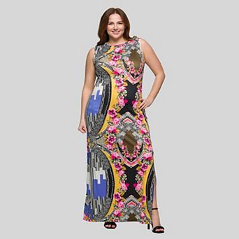 Plus Size 24Seven Comfort Apparel Geometric Floral Print Sleeveless Maxi Dress