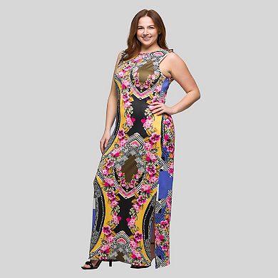 Plus Size 24Seven Comfort Apparel Geometric Floral Print Sleeveless Maxi Dress