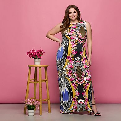Plus Size 24Seven Comfort Apparel Geometric Floral Print Sleeveless Maxi Dress