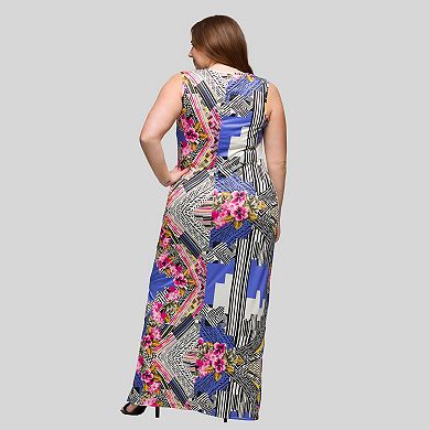 Plus Size 24Seven Comfort Apparel Geometric Floral Print Sleeveless Maxi Dress