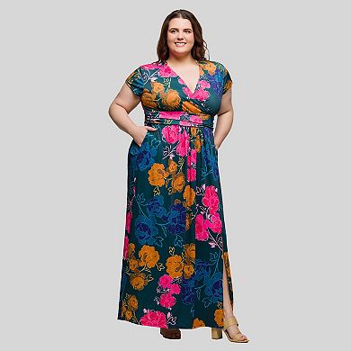 Plus Size 24Seven Comfort Apparel Floral Cap Sleeve Maxi Dress