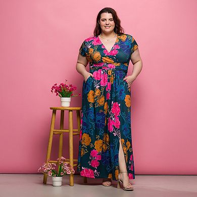 Plus Size 24Seven Comfort Apparel Floral Cap Sleeve Maxi Dress