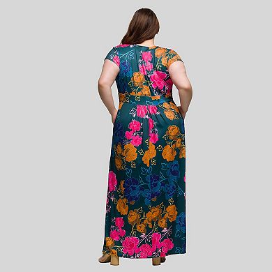 Plus Size 24Seven Comfort Apparel Floral Cap Sleeve Maxi Dress