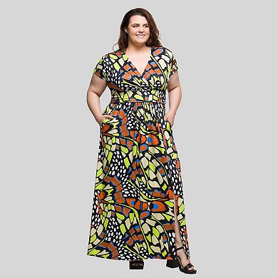 Plus Size 24Seven Comfort Apparel Butterfly Print Cap Sleeve V-Neck Maxi Dress