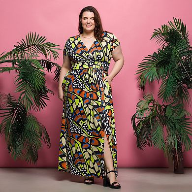Plus Size 24Seven Comfort Apparel Butterfly Print Cap Sleeve V-Neck Maxi Dress