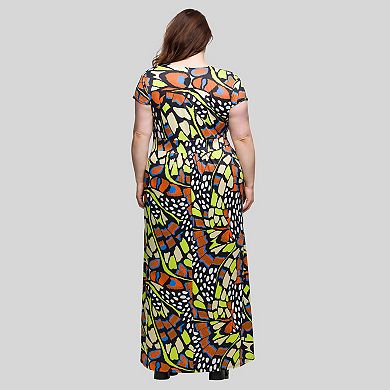 Plus Size 24Seven Comfort Apparel Butterfly Print Cap Sleeve V-Neck Maxi Dress
