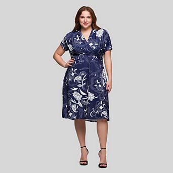 Plus Size 24Seven Comfort Apparel V-Neck Knee Length Short Sleeve Wrap Dress