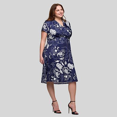 Plus Size 24Seven Comfort Apparel V-Neck Knee Length Short Sleeve Wrap Dress