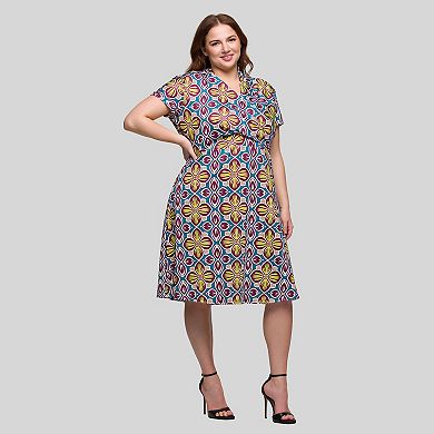 Plus Size 24Seven Comfort Apparel Floral Print Short Sleeve Knee Length Wrap Dress