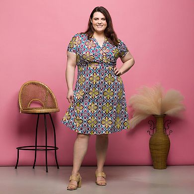 Plus Size 24Seven Comfort Apparel Floral Print Short Sleeve Knee Length Wrap Dress