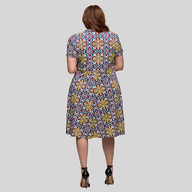 Plus Size 24Seven Comfort Apparel Floral Print Short Sleeve Knee Length Wrap Dress
