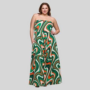 Plus Size 24Seven Comfort Apparel Abstract Strapless Pocket Maxi Dress