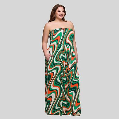 Plus Size 24Seven Comfort Apparel Abstract Strapless Pocket Maxi Dress