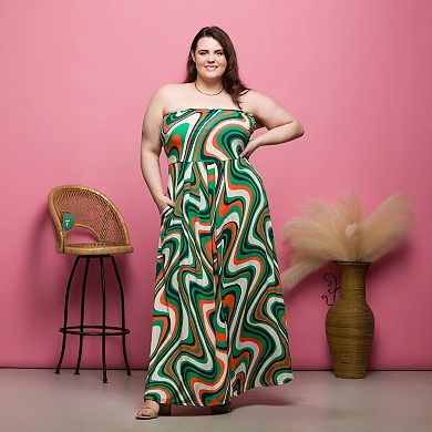 Plus Size 24Seven Comfort Apparel Abstract Strapless Pocket Maxi Dress