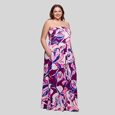 Plus Size 24Seven Comfort Apparel Floral Strapless Pocket Maxi Dress