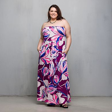 Plus Size 24Seven Comfort Apparel Floral Strapless Pocket Maxi Dress