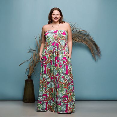 Plus Size 24Seven Comfort Apparel A-Line Strapless Pocket Maxi Dress