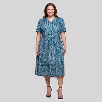 Plus Size 24Seven Comfort Apparel Short Sleeve Tie Waist Midi Dress