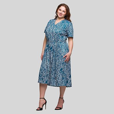 Plus Size 24Seven Comfort Apparel Short Sleeve Tie Waist Midi Dress