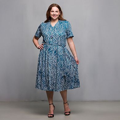Plus Size 24Seven Comfort Apparel Short Sleeve Tie Waist Midi Dress
