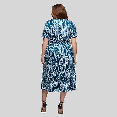 Plus Size 24Seven Comfort Apparel Short Sleeve Tie Waist Midi Dress