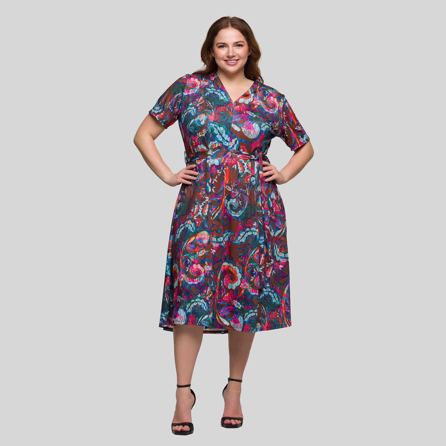 Женские платья 24Seven Comfort Apparel Plus Size 24Seven Comfort Apparel Short Sleeve Tie Waist Midi Dress