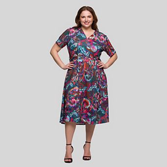 Plus Size 24Seven Comfort Apparel Short Sleeve Tie Waist Midi Dress