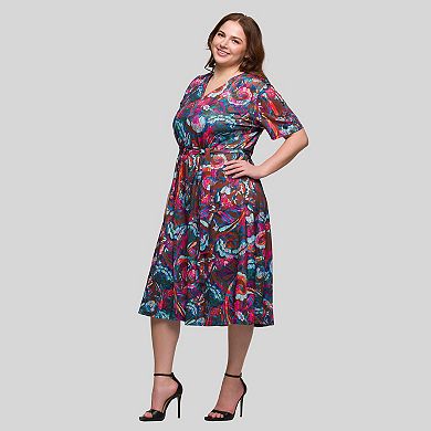 Plus Size 24Seven Comfort Apparel Short Sleeve Tie Waist Midi Dress