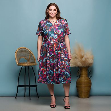 Plus Size 24Seven Comfort Apparel Short Sleeve Tie Waist Midi Dress