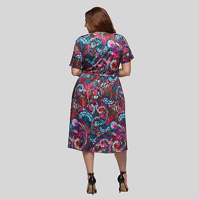 Plus Size 24Seven Comfort Apparel Short Sleeve Tie Waist Midi Dress