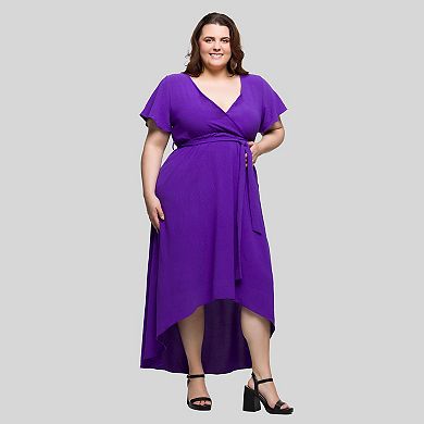 Plus Size 24Seven Comfort Apparel V-Neck Belted Faux Wrap High Low Dress