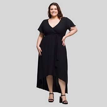 Plus Size 24Seven Comfort Apparel V-Neck Belted Faux Wrap High Low Dress