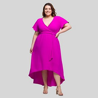 Plus Size 24Seven Comfort Apparel V-Neck Belted Faux Wrap High Low Dress