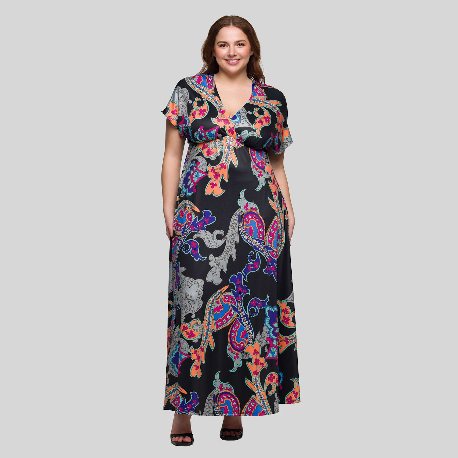 Женские платья 24Seven Comfort Apparel Plus Size 24Seven Comfort Apparel V-Neck Empire Waist Cap Sleeve Maxi Dress