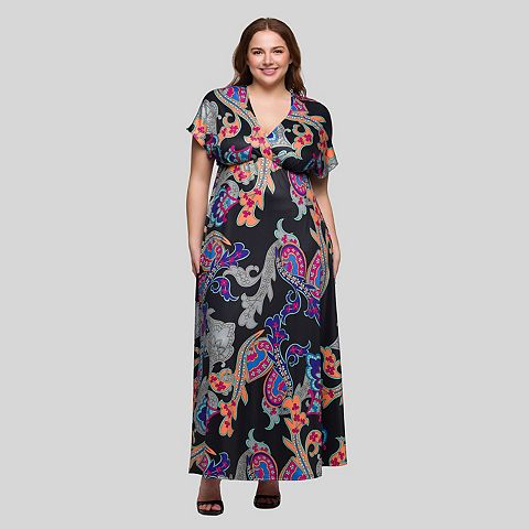 Женские платья 24Seven Plus Size 24Seven Comfort Apparel V-Neck Empire Waist Cap Sleeve Maxi Dress