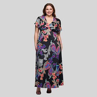 Plus Size 24Seven Comfort Apparel V-Neck Empire Waist Cap Sleeve Maxi Dress