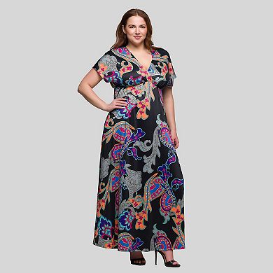 Plus Size 24Seven Comfort Apparel V-Neck Empire Waist Cap Sleeve Maxi Dress