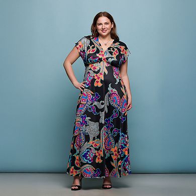 Plus Size 24Seven Comfort Apparel V-Neck Empire Waist Cap Sleeve Maxi Dress