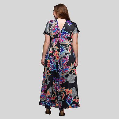 Plus Size 24Seven Comfort Apparel V-Neck Empire Waist Cap Sleeve Maxi Dress