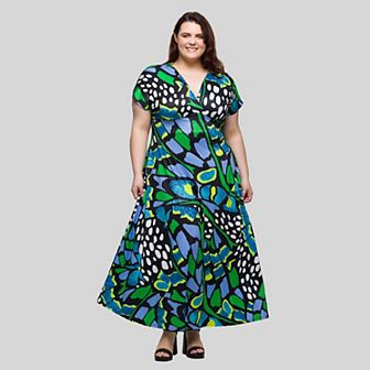 Plus Size 24Seven Comfort Apparel V-Neck Empire Waist Cap Sleeve Maxi Dress